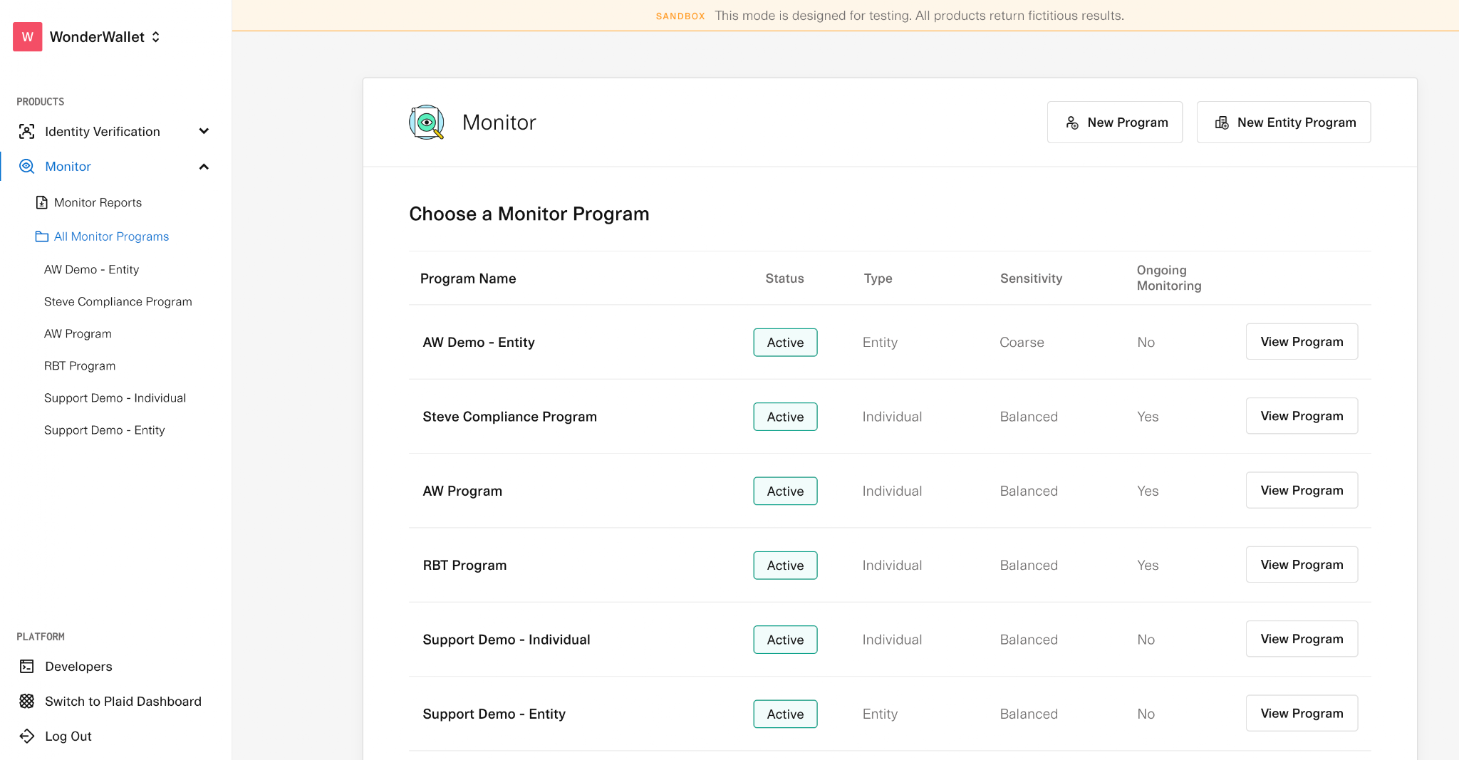 Plaid Monitor Dashboard showing programs list with status, type, sensitivity, and monitoring options. Buttons for new programs.