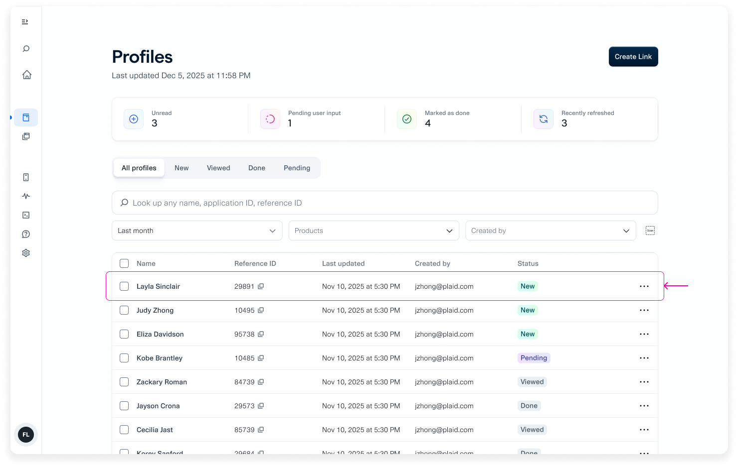 The Profiles page of the Credit Dashboard, displaying a list of profiles. A profile for a user named Layla Sinclair is highlighted.