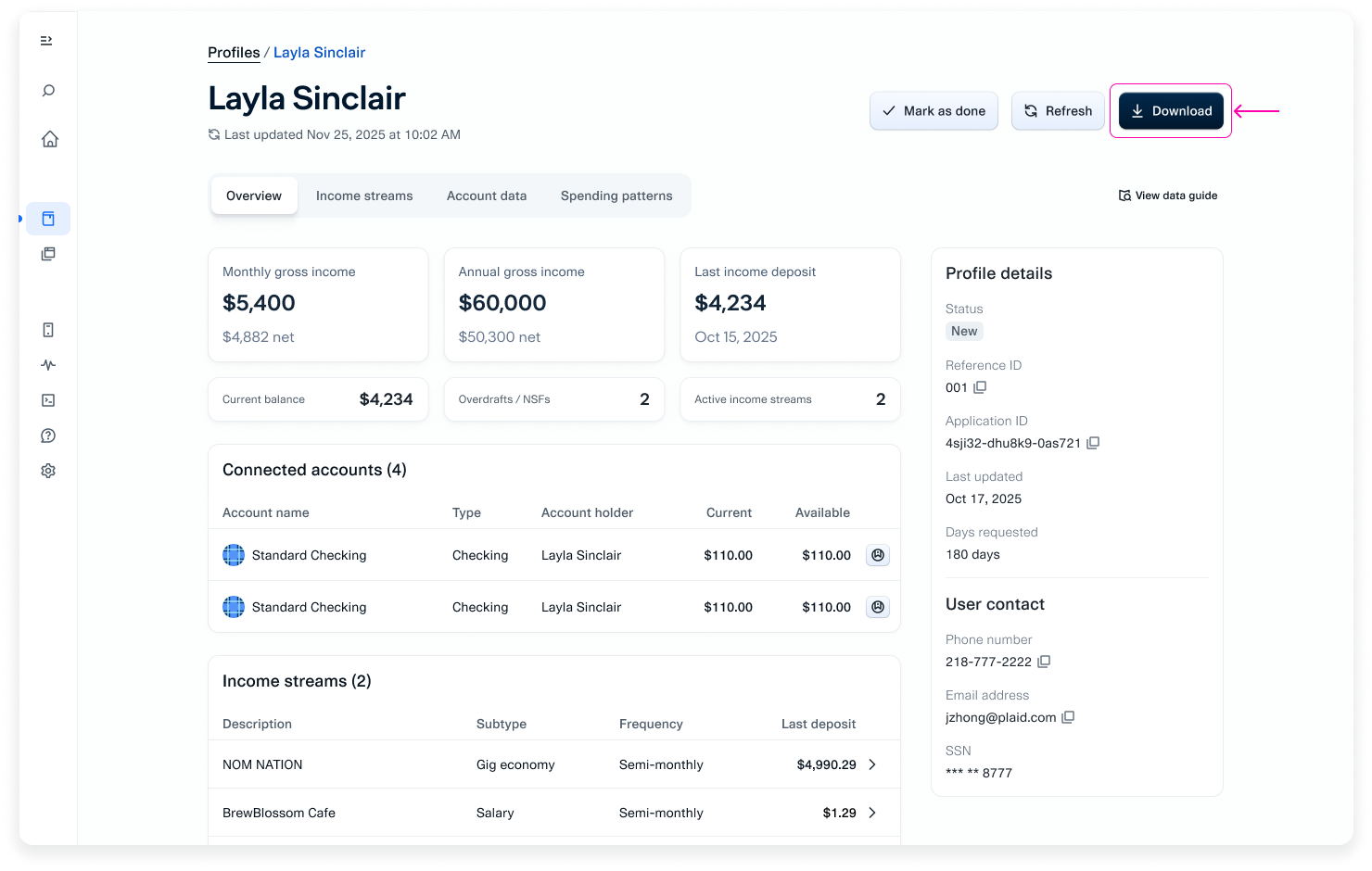 An example Credit Dashboard page with the "Download" button in the upper right corner highlighted.
