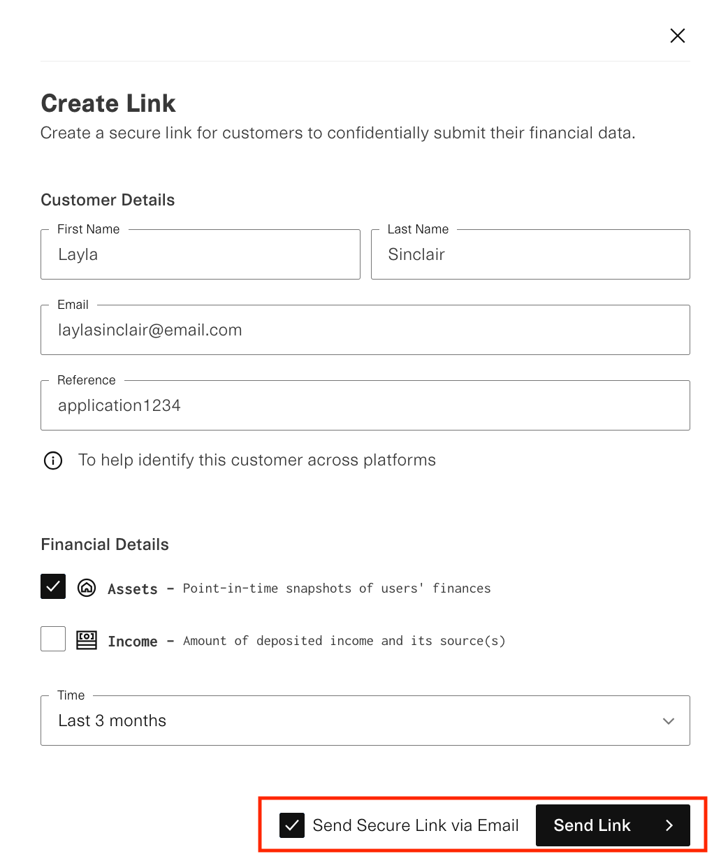 Modal to Create Link. There is a red box around the form submission button, which reads "Send Link" and has the option to "Send Secure Link via Email" checked.
