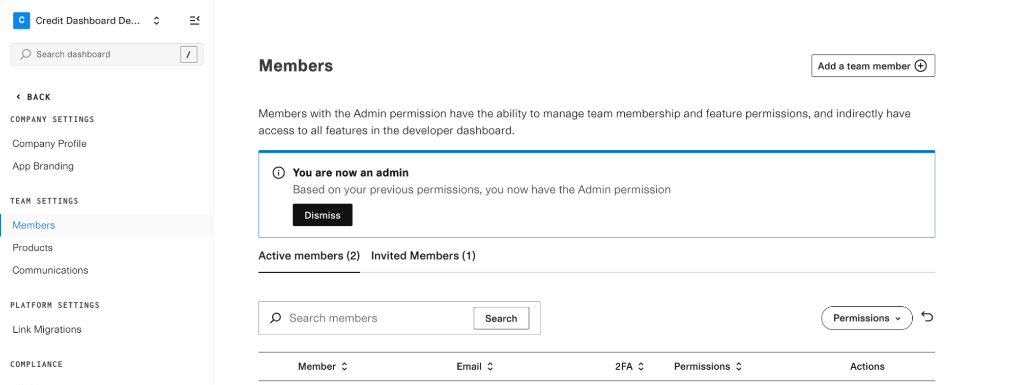 Dashboard Team Settings Members page with tabs for Active and Invited Members and a button that reads 'Add a team member.'