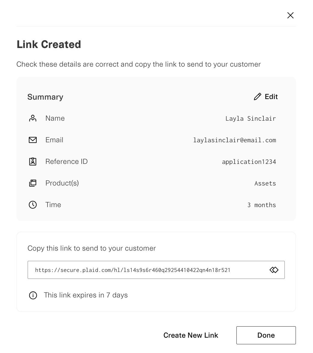 Link Created confirmation modal with a summary of user details and a copyable link, which expires in 7 days.