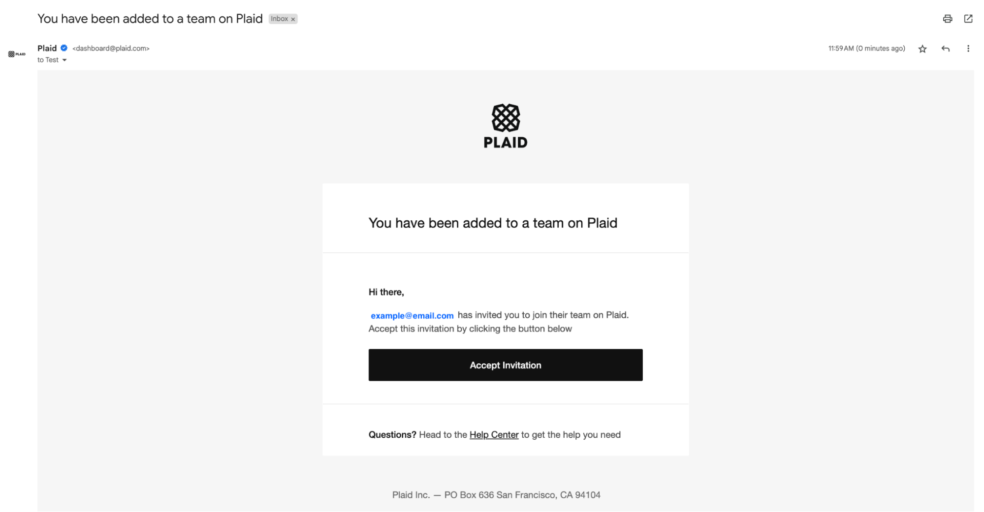 An email with the message "You have been added to a team on Plaid" and a button to accept the invitation.