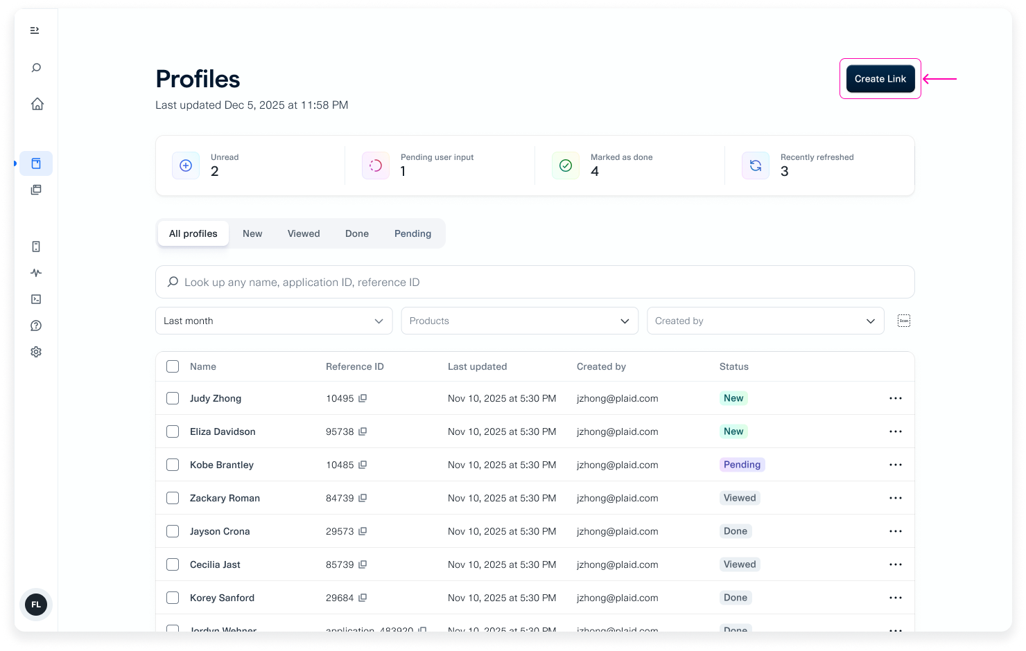 The Credit Dashboard Profiles page with the "Create Link" button in the top right corner highlighted.