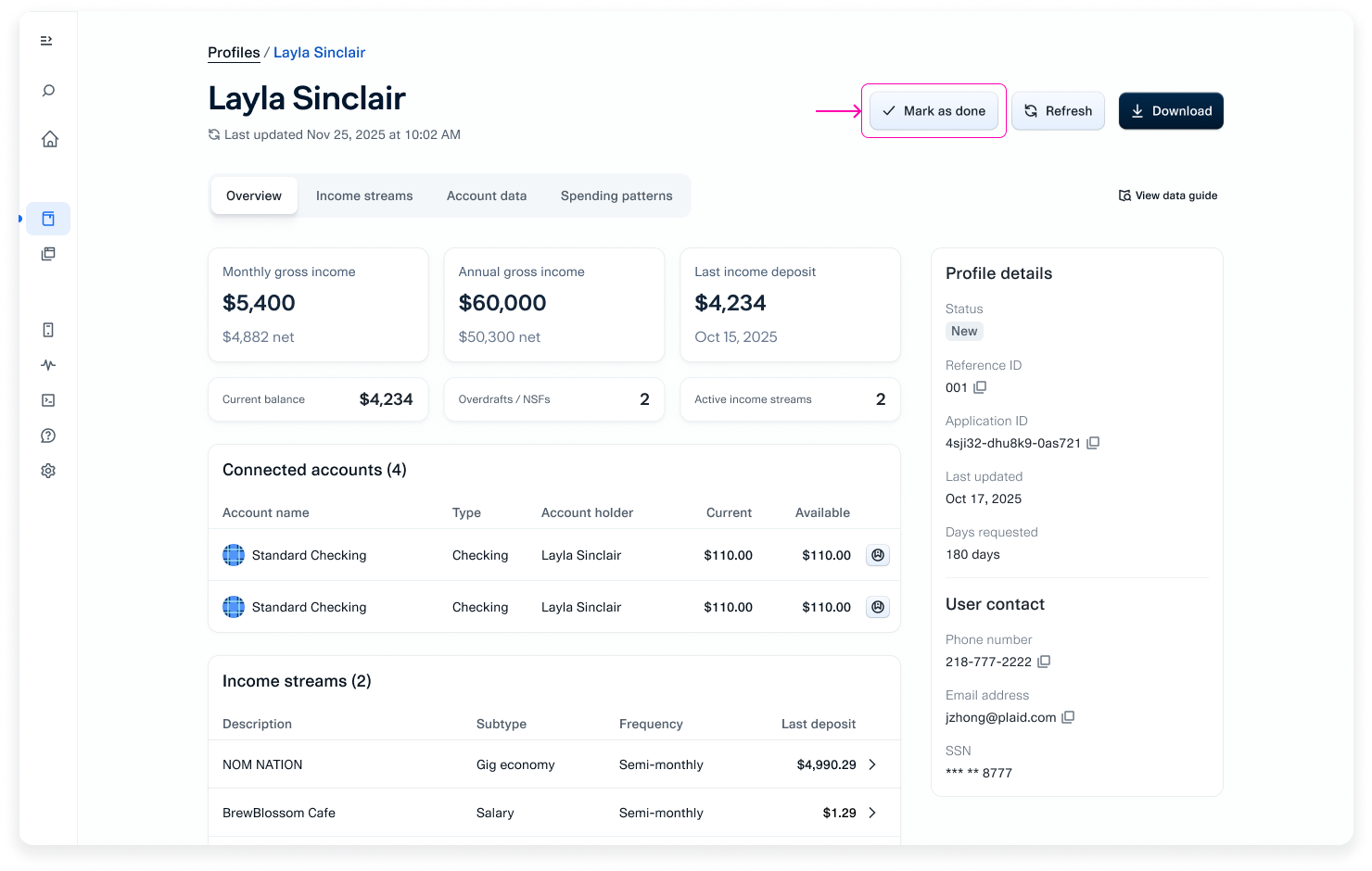 An example Credit Dashboard page with the "Mark as done" button in the upper right corner highlighted.