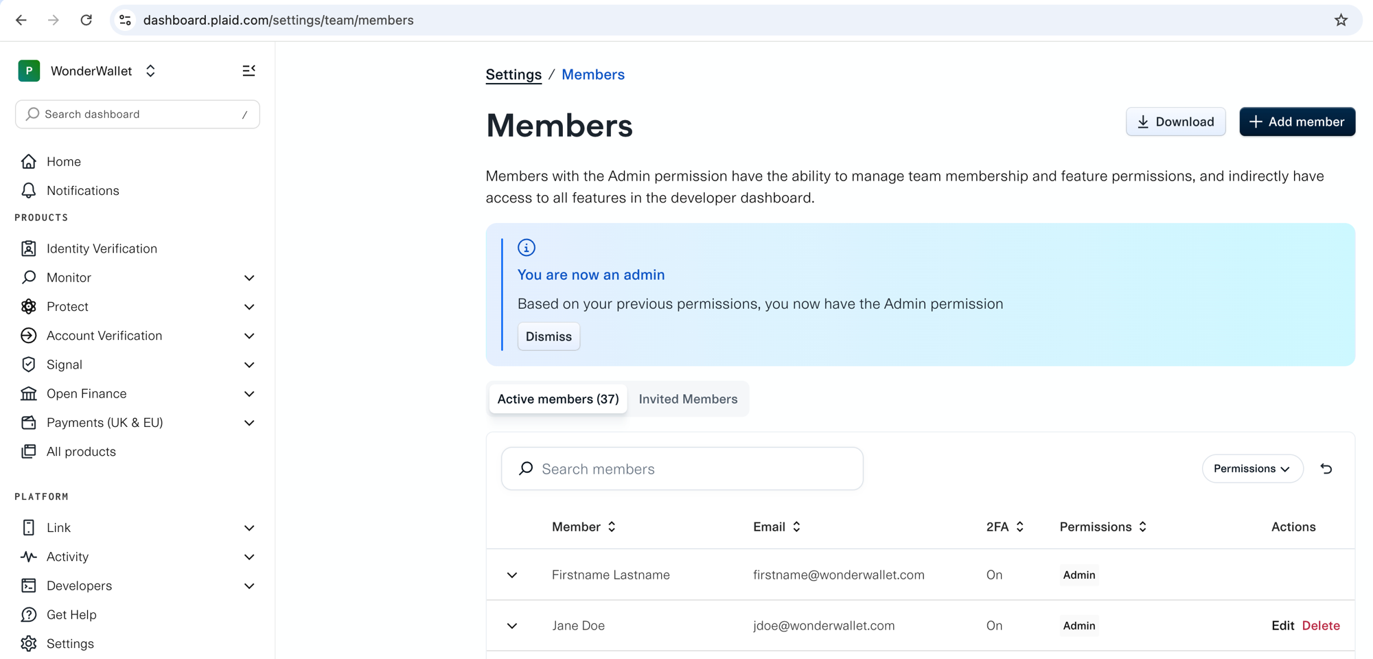 Dashboard Settings Members page with tabs for Active and Invited Members and a button that reads 'Add member.'