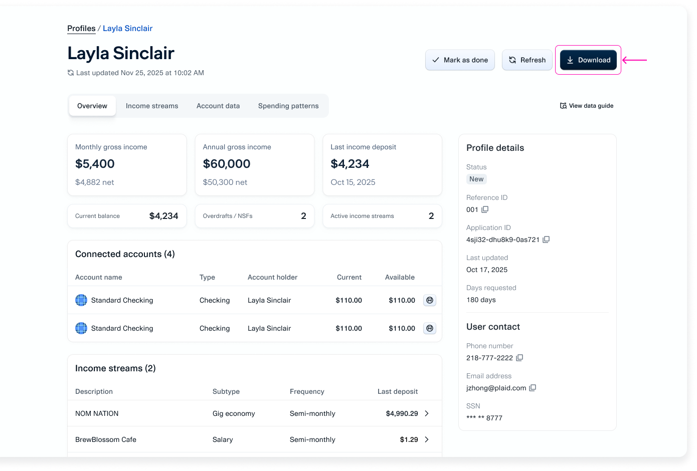An example Credit Dashboard page with the "Download" button in the upper right corner highlighted.